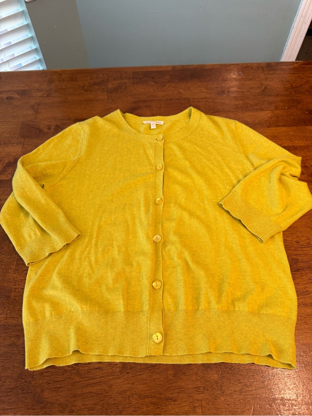 Eileen Fisher Cotton Cashmere Cardigan Sweater Citron Yellow M Crewneck